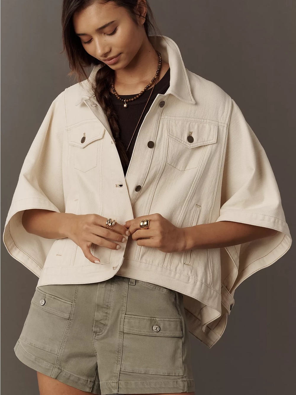Pilcro Cream Short Cape Jean Jacket